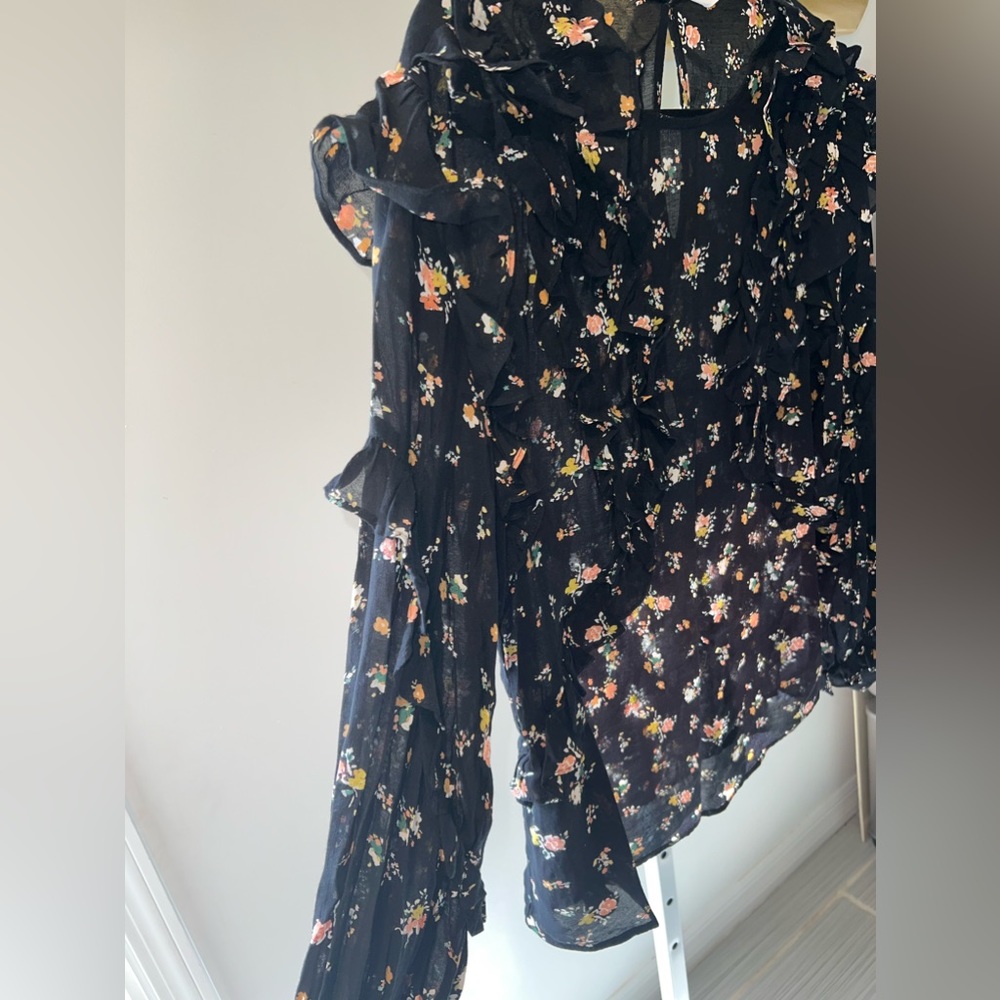 Zara Large Black Floral Ruffle Detail Long Sleeve Top - Picture 6 of 11